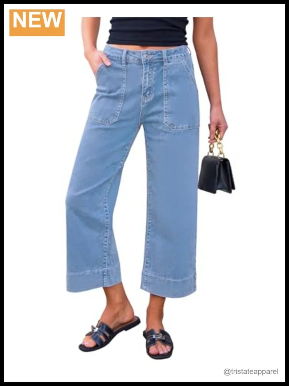 High Waisted Wide Leg Cropped Denim Capris with Pockets
